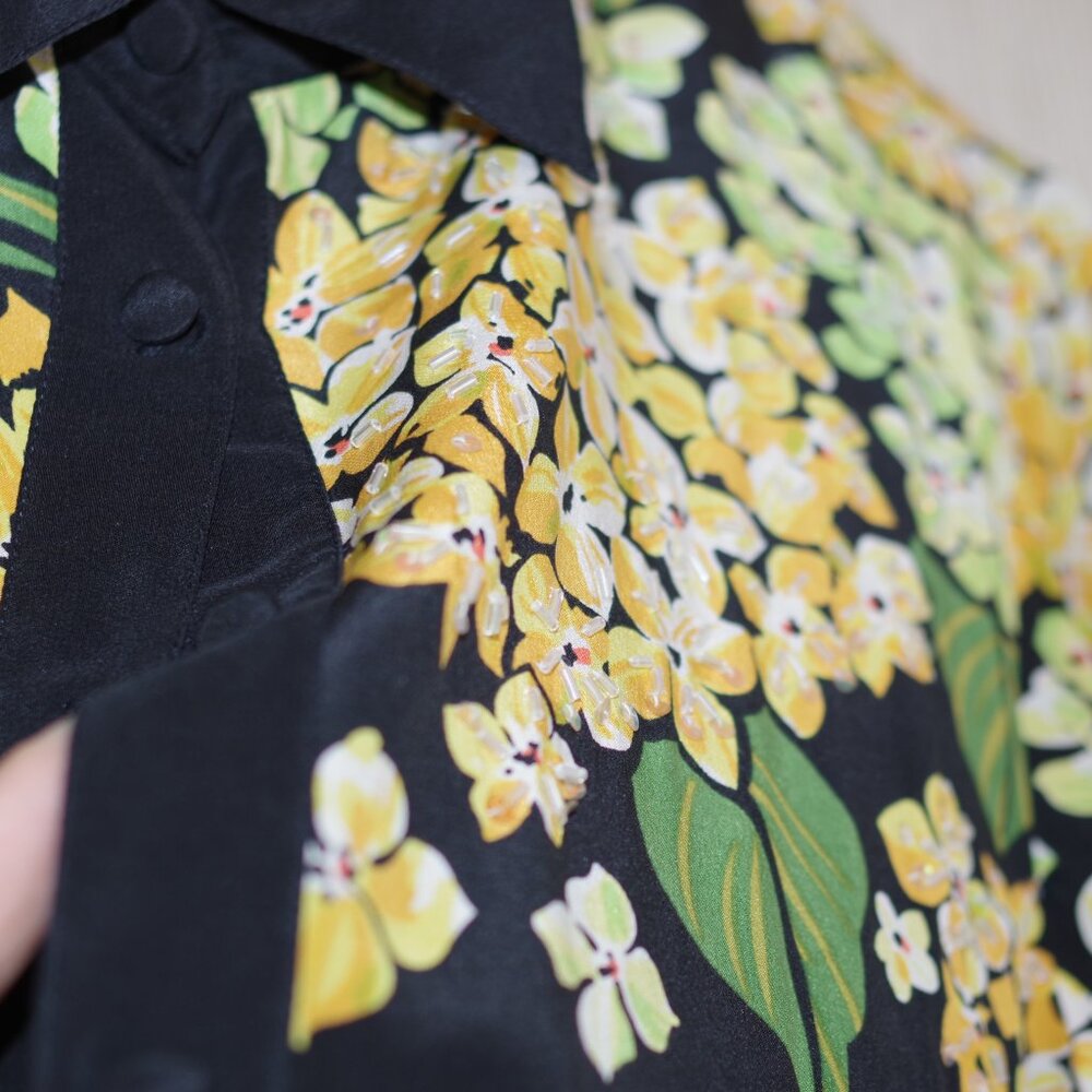 Bob Mackie Vtg. Black Yellow Flower Silk Vintage Long Sleeve Button Beaded Top L - Picture 2 of 7